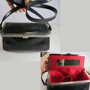 VTG Hobo International Black Leather Kiss-Lock Clutch Handbag Rectangle Shape